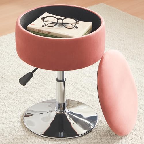 Adjustable Vanity Stool with Storage Swivel Vanity Chair Makeup Stool Pink