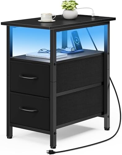 Vagusicc Black Nightstand with Charging Station and LED Lights, Narrow Side Table, LED Night Stand with 2 Fabric Drawers, Bedside Table with USB Ports and Outlets, Tall Nightstand for Bedroom, Black