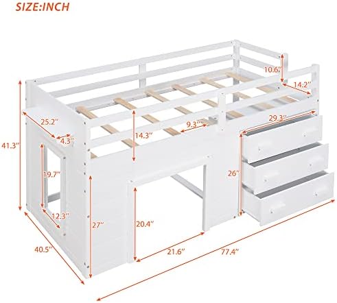 Bellemave Twin Size Low loft Bed for Kids,Wood Modern Farmhouse Twin Loft Bed with and Drawer Storage, No Box Spring Needed, White