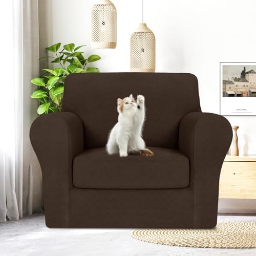 MAXIJIN 2 Piece Chair Covers Chair Slipcover with Arms, Sofa Chair Cover for Living Room Armchair Cover, Stretch Pet Dog Slip Cover for A Chair with 1 Cushion (31"-46", Coffee)