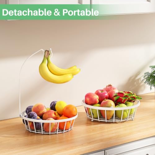 SAYZH 2-Tier Large Fruit Basket Bowl for Kitchen Counter with Banana Hanger