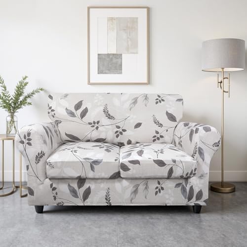 SearchI Stretch Sofa Cover Printed Couch Cover, Floral Pattern 3 Pieces Loveseat Slipcover with 2 Separate Cushion Cover, Washable Furniture Protector for Living Room(Loveseat, Elegant Foliage)