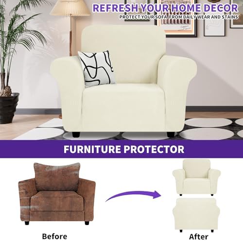 ZNSAYOTX Super Stretch Chair Slipcover (30"-47"), New Striped Sofa Chair Covers for Living Room, Dogs Pet Friendly Anti-Slip Chair Protector Spandex Armchair Slipcovers (Beige, Chair)