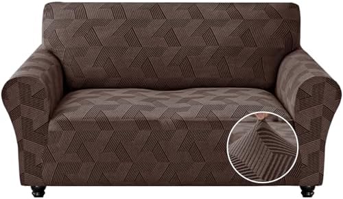 JIVINER 1 Piece Couch Cover for 2 Cushion Couch, High Stretch Loveseat Covers with Elastic Bottom, Washable Sofa Slipcovers for Dog, Pets Feature Geometrical Jacquard Fabric (Loveseat, Brown)