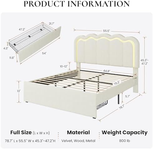 SHA CERLIN Full Size Bed Frame with LED Lights and Storage Drawer, Cream