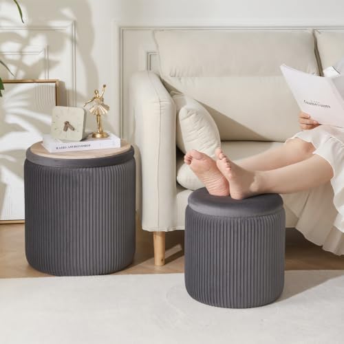 YYW HOME Round Ottoman with Storage Set of 2, Gray Vanity Stool Foot Rest