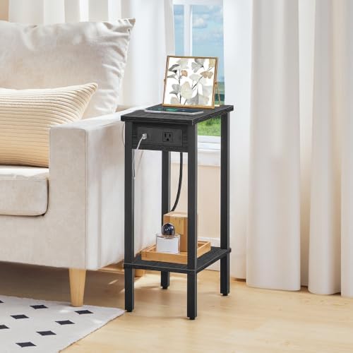 HOOBRO Small End Table with Charging Station, Narrow Side Table with USB Port and Outlets, Skinny Sofa Table, Slim Nightstand, Living Room, Bedroom, Black BK240UBZ01
