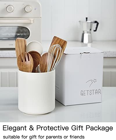 getstar Large Kitchen Utensil Holder, 7.2" Vintage Ceramic Utensils Crocks for Kitchen Counter with Non-Slip Cork Mat, Farmhouse Cooking Tool Organizer for Kitchen Counter Decor