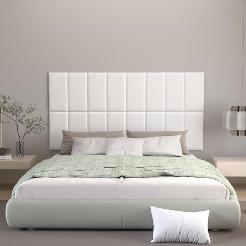 Peel and Stick Headboard White Upholstered Wall Panels, 4 Panels Sized 7.8" x 15.7", 3D Anti-Collision Soundproof Self-Adhesive Wall Panel for Bedroom