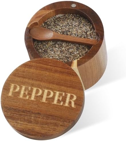 Timtopno PEPPER Cellar, Acacia Wood Salt Container with Built-in Spoon & Swivel Lid, Engraved PEPPER Box, Salt Holder Bowl for Countertop Seasoning Storage
