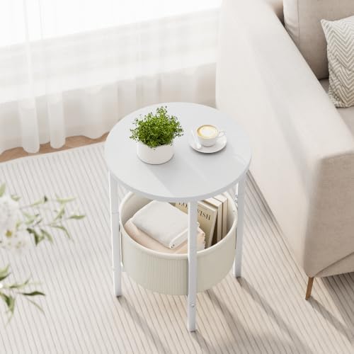 Vagusicc Small Round Side Table, Accent End Table with Fabric Basket, Drink Table Coffee Table for Small Spaces, Sofa Corner Table,Bedside Table,Modern Nightstand for Living Room, Bedroom, White
