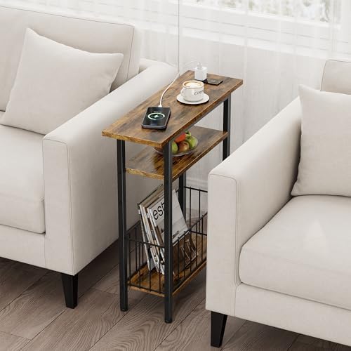 Vagusicc Narrow Side Table with Charging Station, 3-Tier Skinny Side End Table for Couch Sofa, Small End Side Tables for Small Spaces, 25.2" Tall Slim Nightstand for Living Room, Bedroom, Rustic Brown