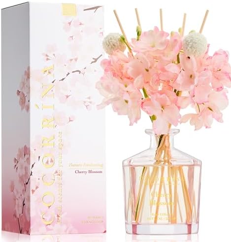 COCORRÍNA Reed Diffuser - Cherry Blossom 8.5 Fl.oz Flower Reed Diffuser Set with 8 Sticks, Home Fragrance Reed Diffuser for Home Bedroom Office Bathroom Shelf Decor (Master Collection)