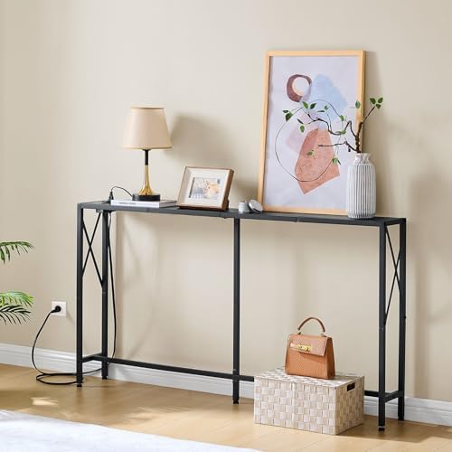 Gewudraw Narrow Console Table with Socket, Sofa Table Behind Couch, Black
