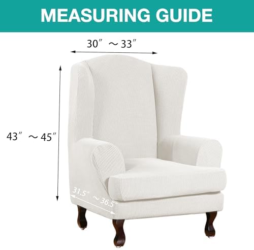 Turquoize Wingback Chair Covers 2 Piece Wing Chair Slipcover Stretch Slipcovers for Wingback Chairs Spandex Jacquard Fabric with Elastic Bottom Non-Slip Furniture Cover, Porcelain White