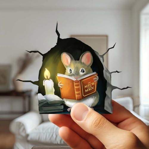 Micesterpiece 3D Mouse Reading Book in Mouse Hole, Cracked Wall, Decal Sticker, Removable Wall Decor, Book Lover Gift Idea, Baseboard, Wall Sticker Decal, 001CRACKS