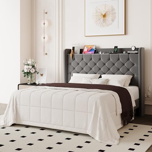 Allewie Full Bed Frame, Storage Headboard & Charging Station, Grey