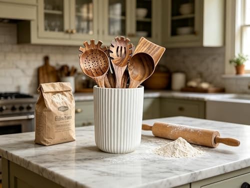 Large Stoneware Kitchen Utensil Holder for Kitchen Counter & Countertop Cooking Utensil Holder Spatula Holder Utensil Crock for Kitchen Counter Vertical Ribbed Fluted Stripe (Matte White)