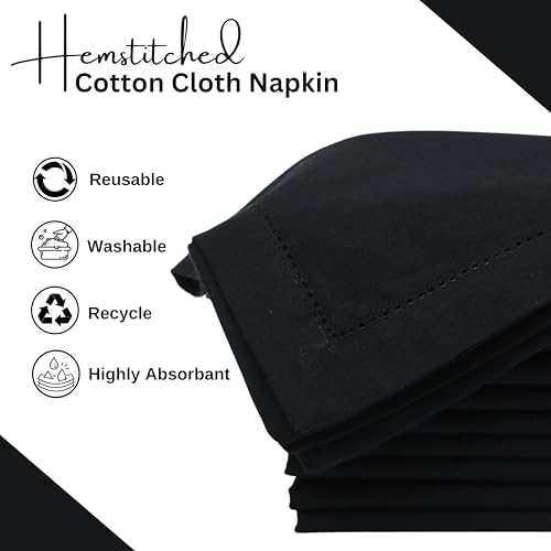 Lightnpro Hemstitched Cotton Napkins Set of 12, 18x18 Inch Black