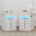 Farmhouse Nightstand Set 2 with Gun Drawer,Bedside Table with Charging Station and Human Body Senor,3 LED Lights Night Stand with 3 Drawers and Open Shelf,End Side Table for Bedroom(White)