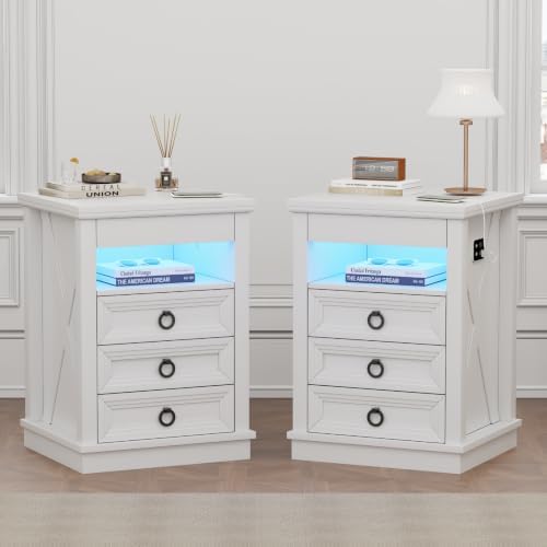 Farmhouse Nightstand Set 2 with Gun Drawer,Bedside Table with Charging Station and Human Body Senor,3 LED Lights Night Stand with 3 Drawers and Open Shelf,End Side Table for Bedroom(White)