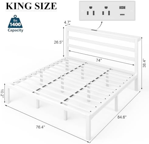 King Bed Frame with Charging Station and LED Lights Headboard,White