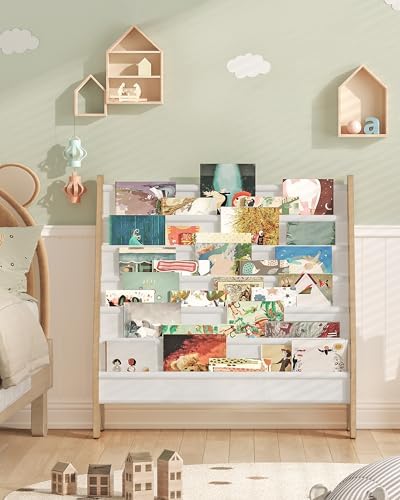 6-Tier Kids Bookshelf, Book Shelf for Kids Room, Sling Bookcase, Magazine and Book Storage Rack, Large Capacity Book Organizer for Nursery, Bedroom, Playroom, White and Natural MCW07WB