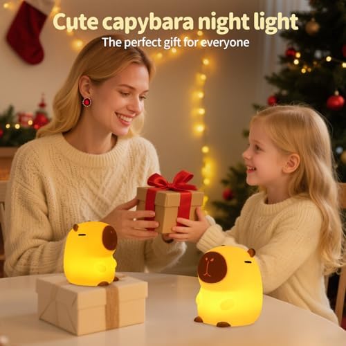 Capybara Night Light for Kids, Cute Squishy Silicone Capybara Lamp, 50-Hour Rechargeable Bedside Light with Tap Control, 2 Brightness Levels, 30-Min Auto-Off Timer, Nursery Room Decor Gift