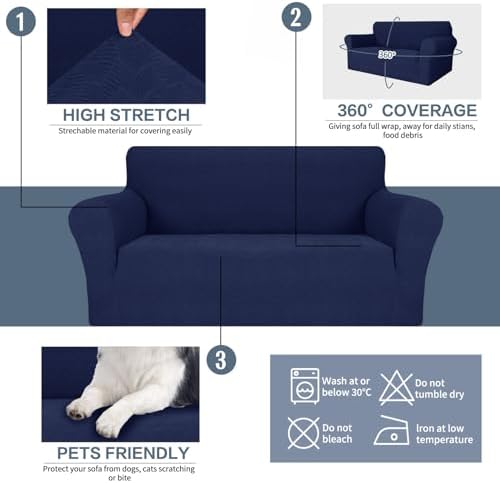 JIVINER Stretch Loveseat Slipcovers 1 Piece Love Seat Sofa Cover Spandex 2 Seater Couch Covers Universal Furniture Protector with Elastic Bottom (Navy Blue, Loveseat)