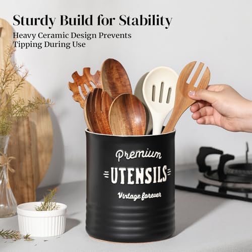 DOWAN 7.2" Large Ceramic Utensil Holder for Kitchen Counter, Matte Black