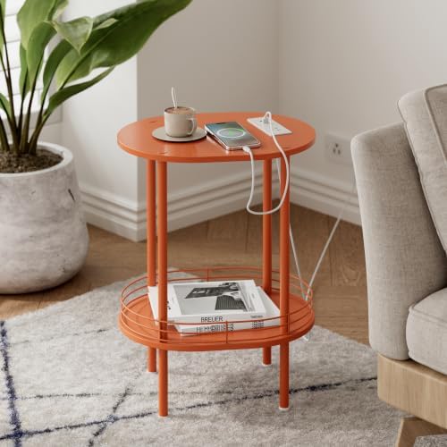 Small Oval Side Table with Charging Station, 2-Tier Orange Round End Table