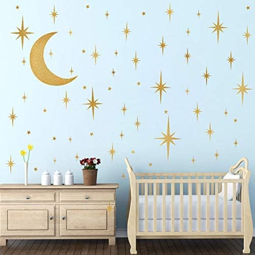 Retro Starburst Wall Decals Stars Wall Sticker Star Moon Vinyl Decal Golden