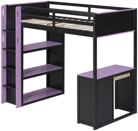 LUMISOL Twin Gaming Loft Bed with Desk and Storage Shelves, Solid Wood Loft Bed with Drawers and Computer Desk for Teens, Space Saving High Loft Bed Frame for Kids Bedroom Purple