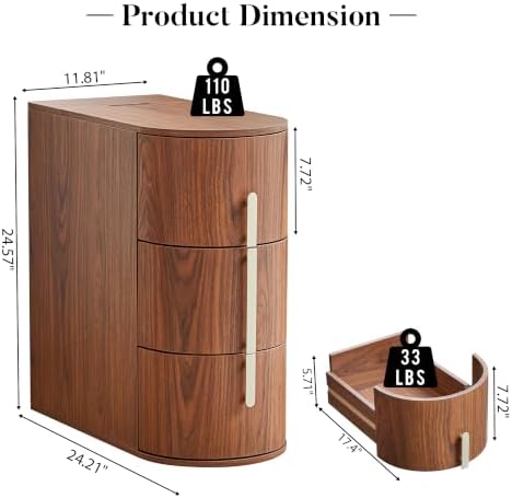 11.8" Narrow Nightstand with Charging Station, Small Bedside Table with 3 Drawers, Modern Skinny End Table for Living Room, Bedroom, Walnut