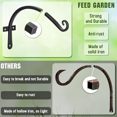 FEED GARDEN Heavy Duty Plant Hooks - 2 Pack 12 Inch Wall Mounted Hanging Brackets, 57lb Capacity Steel Plant Hangers for Bird Feeders, Baskets, Wind Chimes Outdoor Indoor- Black