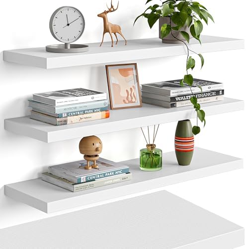 YUFLINX 23’’White Floating Shelves for Wall,Rustic Wood Shelf for Room Decor/Storage/Display,Small Bookshelf,Wall Mounted Hanging Shelves for Bedroom, Bathroom, Living Room, Kitchen,Set of 4