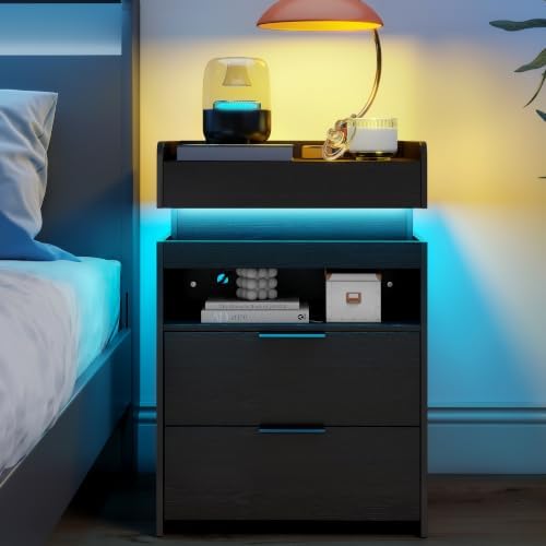 Baoz 28" Tall Modern Nightstand with Charging Station & LED Lights, Black