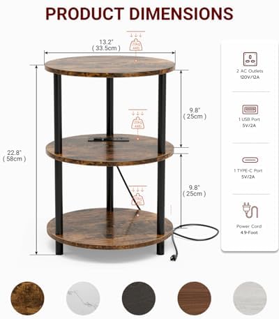 XBurmo Small Round End Table - 3 Tier Design Accent Table, Narrow Side or Bedside Stand, Industrial Vintage Table for Small Spaces, Built-in USB Ports and Power Outlet, Rustic Brown