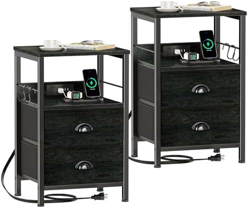 Furologee Nightstands Set of 2 with Charging Station, 2 Fabric Drawers