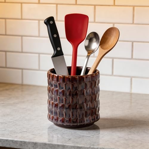 Utensil Crock Kitchen Utensil Holder, 5 Inches Small Ceramic Utensil Holder for Countertop, Unique Embossed Checkered Pattern, Cooking Utensil Crocks for Kitchen, Home Decor Gift 1 PC Plum Bronze