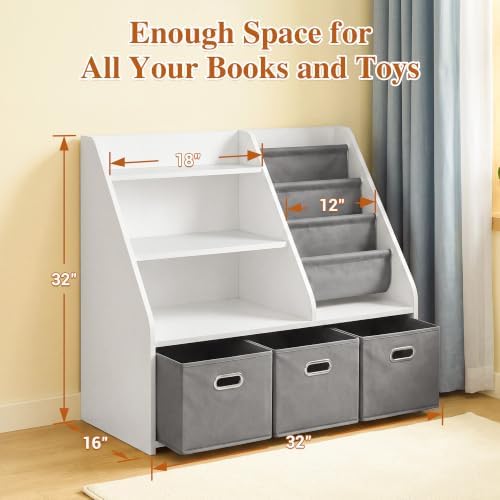 Montessori Bookshelf Toy Storage Organizer for Kids & Toddlers – Front-Facing Display with Removable Fabric Bins, Keeps Playroom Tidy, Perfect for Preschoolers, Space-Saving 32"W x 16"D x 32"H