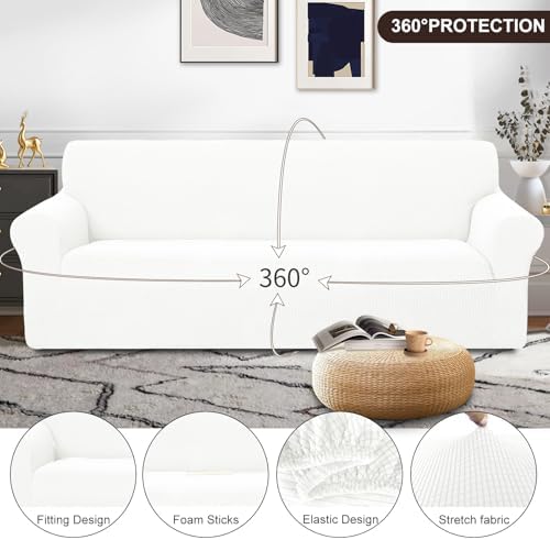 U-NICE HOME 4 Seater Stretch Couch Cover for 3 Cushion Sofa, Ivory White