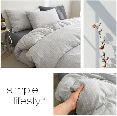 Vintage Gray Striped Duvet Cover Twin XL 3Pcs Retro Textured Bedding Set