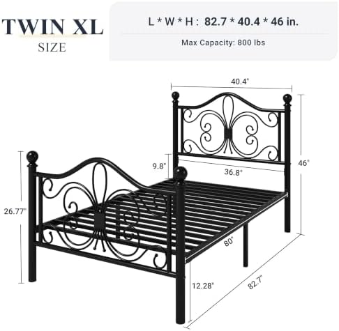 Allewie Metal Twin XL Platform Bed Frame, Butterfly Pattern Design, Black