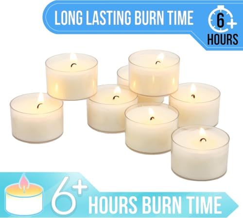 Stonebriar 96 Count White Unscented Smokeless Long Burning Clear Cup Tea Light Candles with 6 to 7 Hour Burn Time