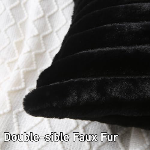Decorative Throw Pillow with Inserts, Set of 2 Soft Faux Fur Throw Pillows, Square Boho Striped Pillow for Couch, Bed, Sofa Decor (Black, 20" x 20"(Pack of 2))