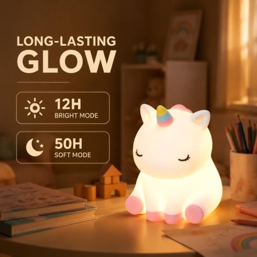 Rytinazzz Unicorn Night Light for Kids, Rechargeable Silicone Unicorn Lamp with Tap Control, 30-Min Auto-Off Timer, Soft Dimmable Nursery Bedside Light, Gifts for Girls