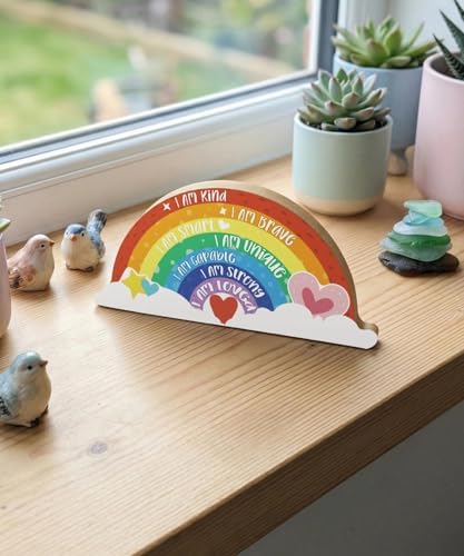 Putuo Decor Inspirational Nursery Decor, Boho Rainbow Wooden Tabletop Decor, Positive Affirmations Wooden Ornament for Room Classroom Shelf Desk Home Space