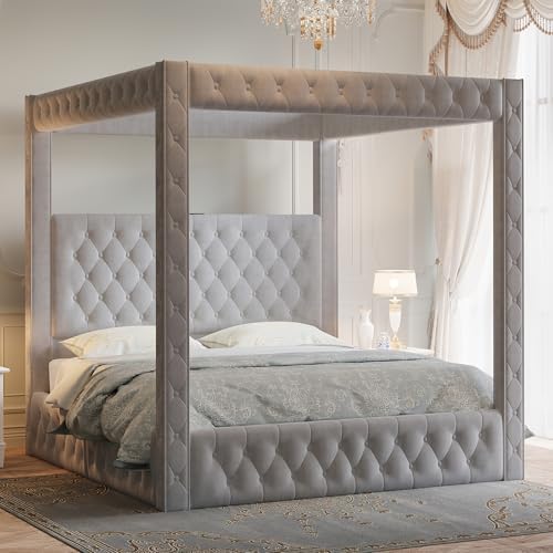 Jocisland King Canopy Bed Frame Velvet Upholstered Headboard,Grey