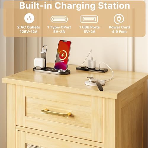 Decofy Rattan Nightstand with Charging Station, Modern End Tables with Storage and One Drawers, Outlets, USB Ports and Type-C Ports, Wood Nightstands for Bedroom, Dorm and Small Spaces Oak